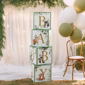 Kate Aspen Woodland Baby Boxes With Letters For Baby Shower Decorations, Gender Reveal Decoration, Photo Prop & Forest Animal Nursery Decor (Set of 4 Stackable Blocks Spells B-A-B-Y)