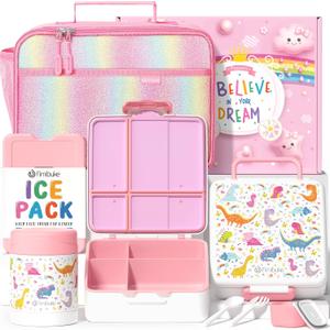 Fimibuke Kids Bento Snack Lunch Box with 4 Compartment, Insulated lunch Bag, Stainless Steel Vacuum Thermos Food Jar, Ice Pack, Utensils Set, Birthday Gift for Age 3-12 Back to School Toddler Girl Boy (A4.White Dinosaur)