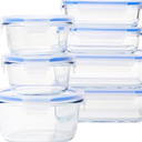 Amazon Basics Leak-Proof Glass Locking Lids Food Storage Containers, 14-Piece Set, 7 Count of Bases and 7 Plastic Lids, Clear, Blue, BPA Free