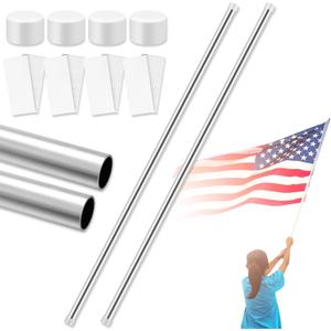 Gisafai 2 Pcs Aluminum Color Guard Flag Pole 6 ft Silver Color Guard Flag Pole Sets with 4 Plastic White End Cap 4 Fastener Strips for Silk Flag Outdoor Lightweight Standard Practice