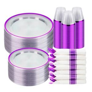 BESTSTAR 350PCS Clear and Purple Disposable Plates Set for 50 Guests, 100 Plastic Plates, 50 Plastic Cups, 50 Pre-Rolled Napkins with Cutlery for Party, Birthday, Wedding, Thanksgiving, Christmas