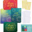 T MARIE 48 Gold Foil New Year Cards - Boxed Set with Envelopes and Gold Stickers - Assorted Designs with Messages Inside - 2025 Bulk Holiday Notecards for Wishing Happy New Year