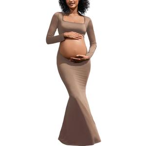 Bhome Maternity Photoshoot Dress Long Sleeve Sexy Cut-Out Backless Maternity Maxi Gown Photography Outfits (Medium, Brown-Upgraded Fabric)