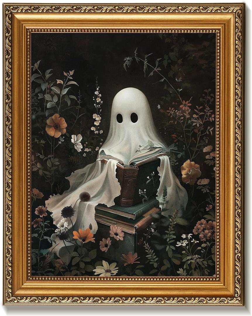Vodefoad Vintage Detachable Gold Framed Wall Art for Home Decor Halloween Cute Ghost Reading Books Farmhouse Gold Framed Wall Decor Prints Halloween Gothic Dark Academia Painting Picture for Kitchen, Gallery, Bathroom Wall decor - 12x16Inch (16L" x 12W")