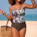 ZAFUL Women's Tankini Swimsuits Tummy Control Swimwear Two Piece Bathing Suits Swim Top with High Waisted Bottom (Brown, M)