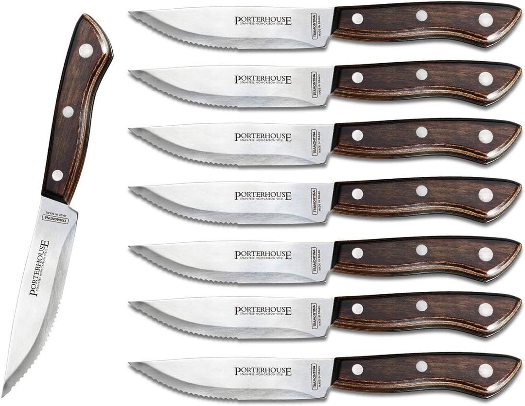 Tramontina Porterhouse 8-Piece Steak Knives, 5-Inch Stainless Steel High-Carbon Serrated Blade Kitchen Knife Set with Polywood Handle, Full-Tang, Dishwasher-Safe