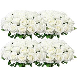 Wondrus Bulk Artificial Flowers 100 PCS, Fake Velvet Silk White Roses with Long Stems Realistic Bouquet for Wedding Centerpieces, Faux Arrangement for Home Table Decor