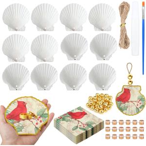 Gilprop 12 Pcs Cardinal Christmas Tree Ornaments Hanging 4''-5'' Clam Scallop Shells with 24 Pcs Red Cardinal Decoupage Paper and Ropes for DIY Xmas Tree Gifts Holiday Decor Home