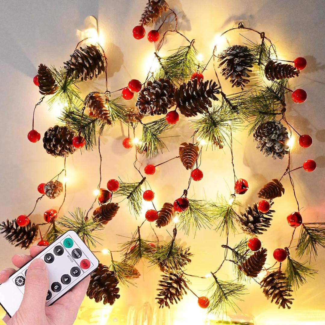 Remote Garland with Timer Christmas Garland Lights 6.56FT 20LED Battery Operated Garlands with Red Berry and Bells Xmas Tree Garland Berry Lights for Home Windows Fireplace Stairs Decorations