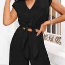 PRETTYGARDEN Women's Summer 2 Piece Outfits 2026 Cap Sleeve V Neck Belted Crop Tops Wide Leg Pant Sets Casual Tracksuit (Black, M)