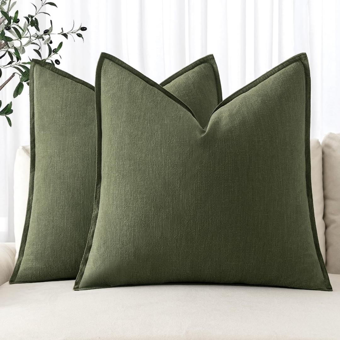 MIULEE Decorative Linen Pillow Covers 18x18 Inch Dark Olive Green Boho Farmhouse Neutral Spring Couch Throw Pillows for Bed Pack of 2 Accent Pillowcase Modern Sofa Cushion Livingroom Home Decor