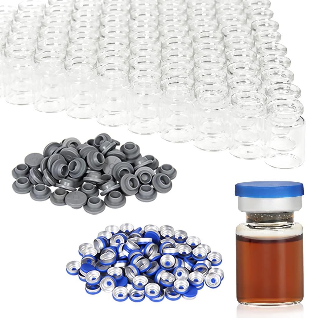5ml Clear Glass Vials-1-1/2 Dram Clear Glass Headspace Vials with Plastic-Aluminum Flip Caps and Rubber Injection Stoppers, 100 Pack, 20mm Flat Bottom Lab Vial