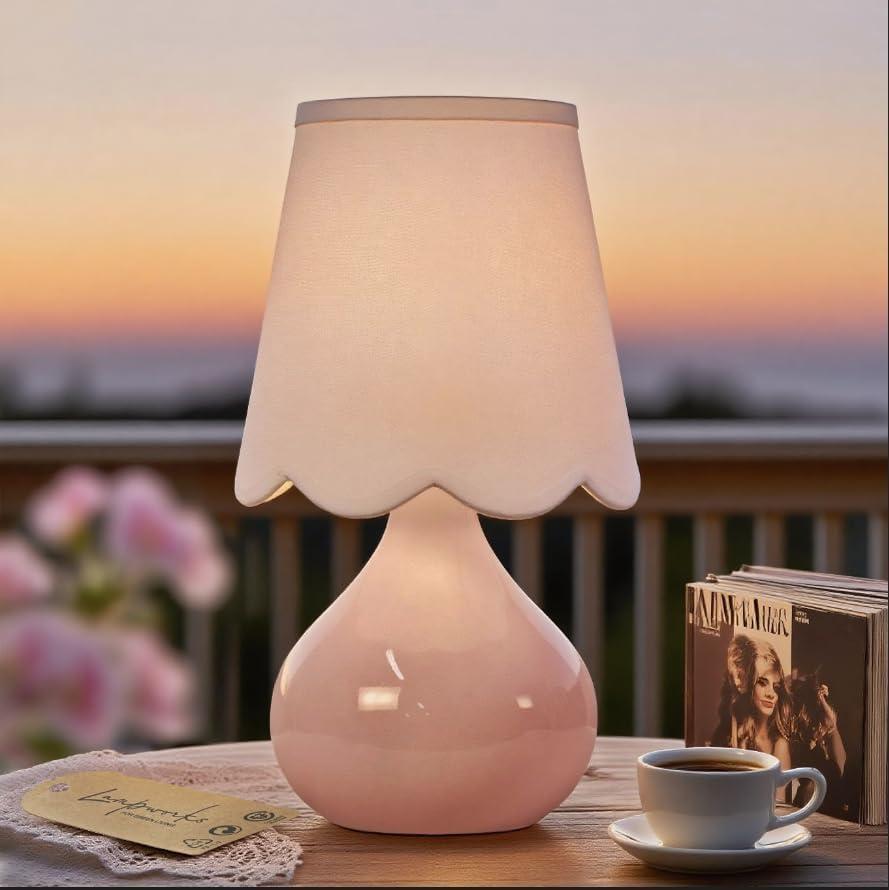 14''H Cordless LED Table Lamp with Dimmer, Ceramic Bedside Table Lamp, Rechargeable & 3-Level Brightness, Ceramic Base, Detachable Bulb, Linen Shade, Desk lamp for Cozy Teens Room Decor (Pink)