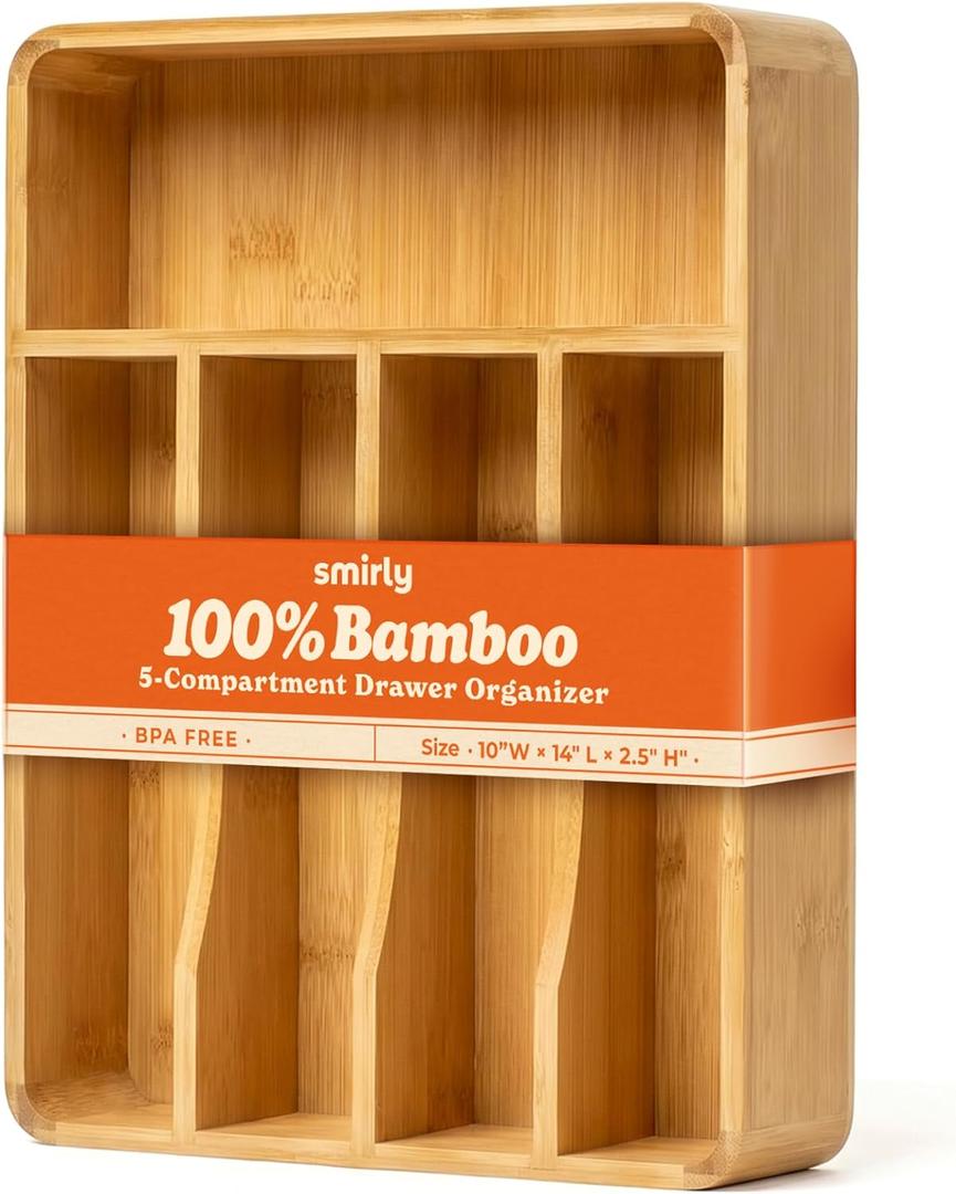 SMIRLY Silverware Drawer Organizer  Bamboo Kitchen Drawer Organizer, Adjustable Utensil Holder and Cutlery Tray, Drawer Dividers for Flatware and Kitchen Utensils (5 Slot, Natural)