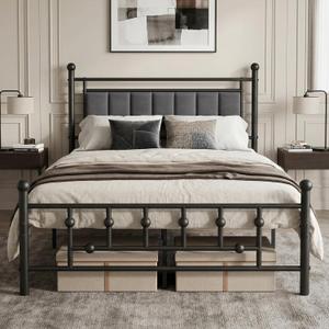 Full Bed Frame with Headboard, Velvet Upholstered Platform Bed Frame Full Size, Heavy Duty 13 Metal Slats Support, 14" Underbed Storage, No Box Spring Needed, Noise Free (Black)