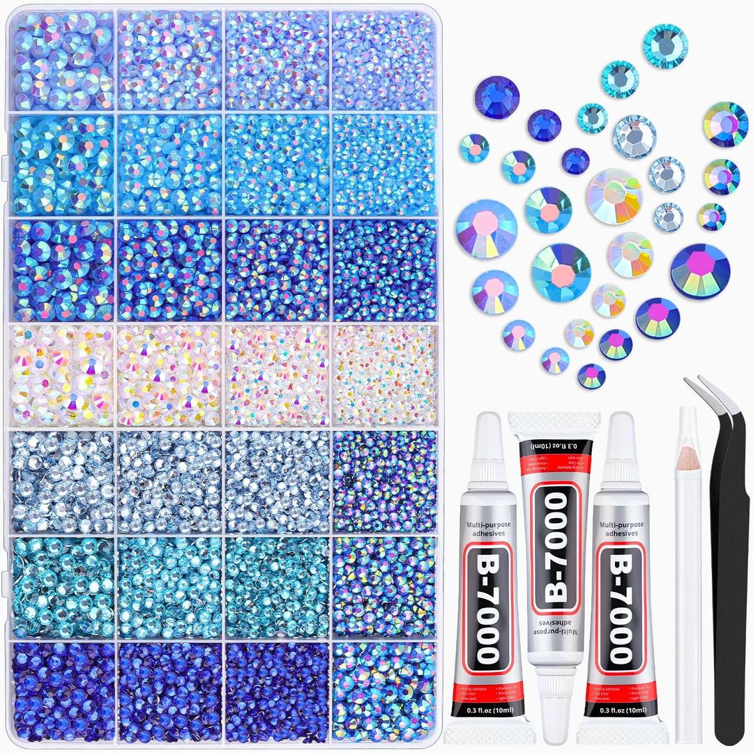 20000Pcs Blue Rhinestones for Bedazzling with B7000 Jewelry Glue, Resin Rhinestones for Crafting Crafts DIY, Bedazzler Kit Gems for Clothing Shoes Tumblers Fabric Nail Art Assorted Size 3/4/5/6mm (X Large Pack + 3Pcs Glue)