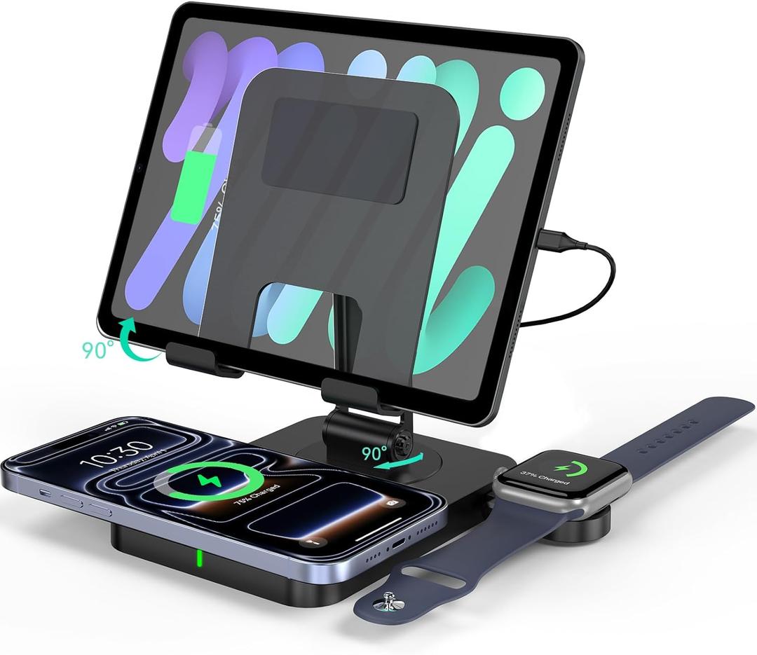 3 in 1 Wireless Charger for Apple Charging Station for iPhone Mag safe Charger for iPhone 17 Pro Max/16/15/14, Foldable Watch for Apple Watch 10/9/8/7, Rotating Stand for iPad Charging Station (black)