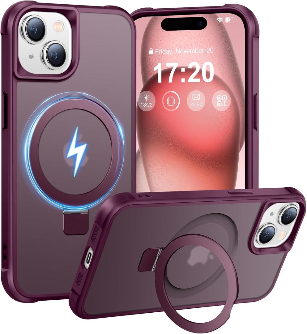 Magnetic Ring Stand Case for iPhone 15-120 rotatable Stand, N52 Magnet, Non-Slip, Matt Transparent Back, Easy to Clean, Shockproof, Military Standard Drop Protection (Wine Red)
