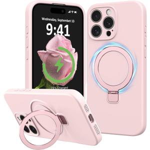 for iPhone 16 Pro Max Case Stand, Slim Comfortable Liquid Silicone Phone Cases for iPhone 16 Pro Max Compatible with MagSafe Magnetic Ring Kickstand Full Camera Protection 6.9", Sand Pink