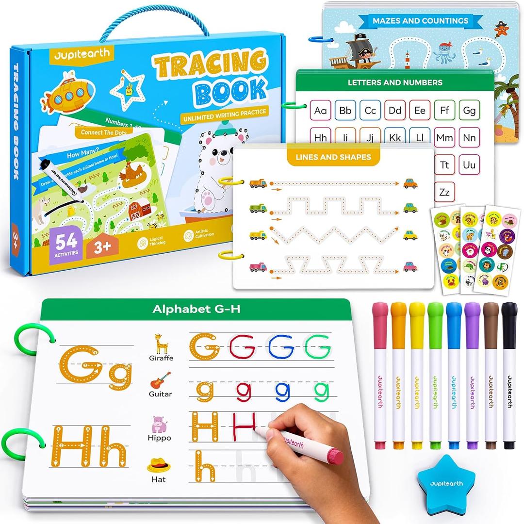 Preschool Learning Activities 54 Reusable Pages, Tracing Books for Kids Ages 3-5, Toddler Activities Busy Book, Handwriting Practice Kindergarten Workbooks, Educational Toys for 3 4 5 Year Old