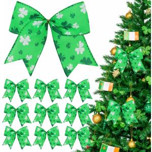 12 Pcs St Patricks Day Tree Bows Decorations,6 Inch St Patricks Ornaments with Irish Shamrock for Tree Home Party Front Door Indoor Outdoor Holiday Decor (Green)