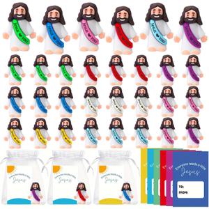 24 Pack Little Jesus Figurines Toys Set Jesus Love You Mini Rubber Toys Includes 24pcs Organza Bag and Gift Cards Perfect for Kids Sunday School Baptism Gifts Party Favor