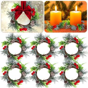 6 Pcs Christmas Candle Ring 4.7 Inch Mini Christmas Wreaths for Home Cabinets Artificial Berry Candle Rings with Pine Cones Small Wreaths for Home, Wedding, Christmas Holiday Table Decoration (Red)