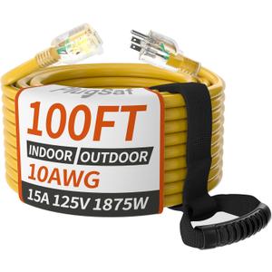 100ft 10 Gauge Outdoor Extension Cord Waterproof with Lighted Indicator,10 AWG SJTW Heavy Duty 15Amp 1875W, 3 Prong Cords Flexible Copper Yellow ETL Listed