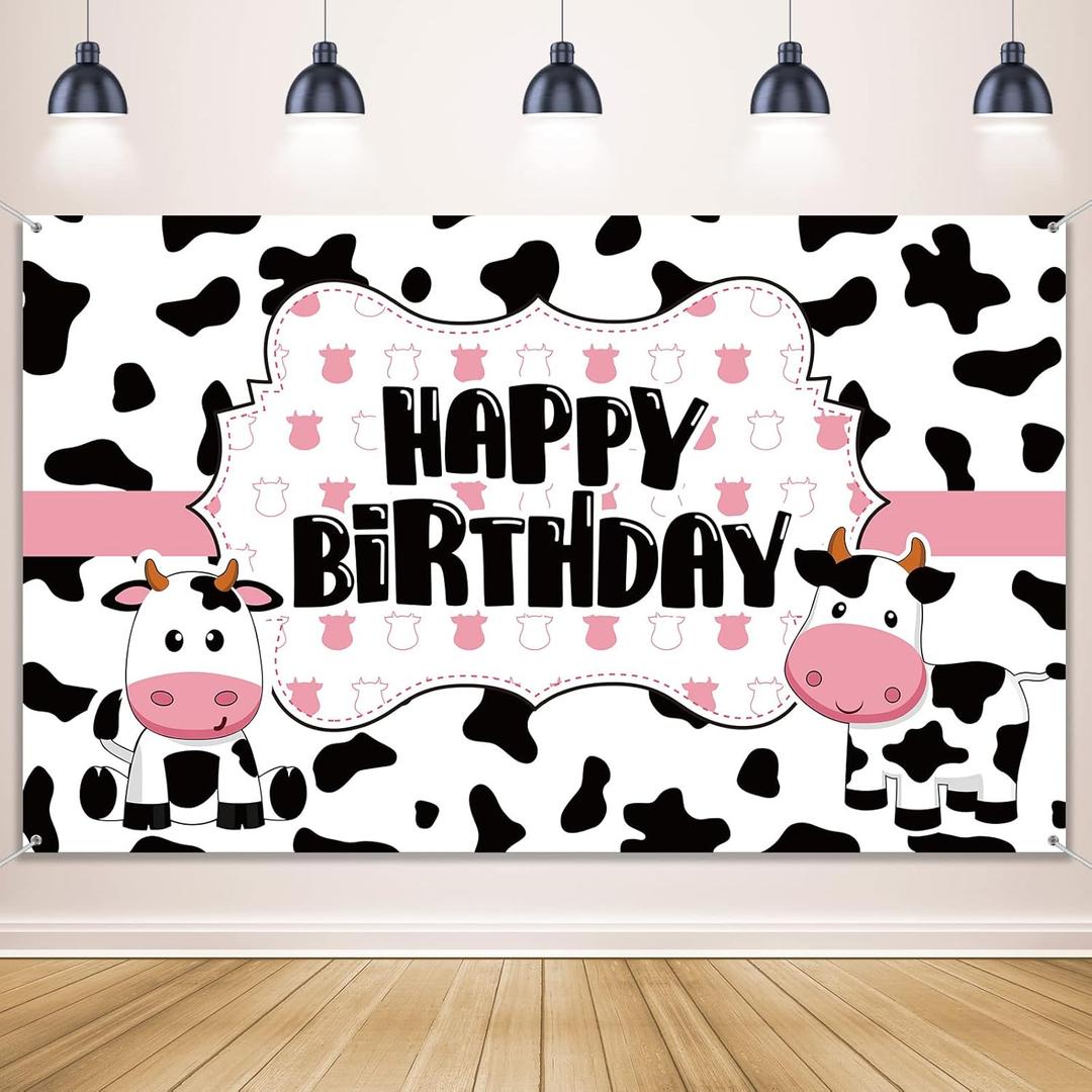 Cow Birthday Party Supplies Funny Cow Party Decorations Backdrop Cow Themed Birthday Banner Happy Birthday Photography Background for Farm Birthday Party Farm Animal Theme Party Favors, 71 x 43 Inch