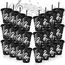 Skylety 24 Sets Music Themed Gifts Musical Tumbler Cups Bulk 24 oz Reusable Musical Note Plastic Tumbler with Straw and Lid Keychain Gifts for Music Lover Party Favor (Black)