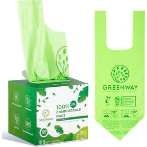 GREENWAY 3 Gallon Compostable Bags with Handles, 100 Count, 0.70 Mil, Food scrap bags, US BPI & Europe OK Compost Home Certified