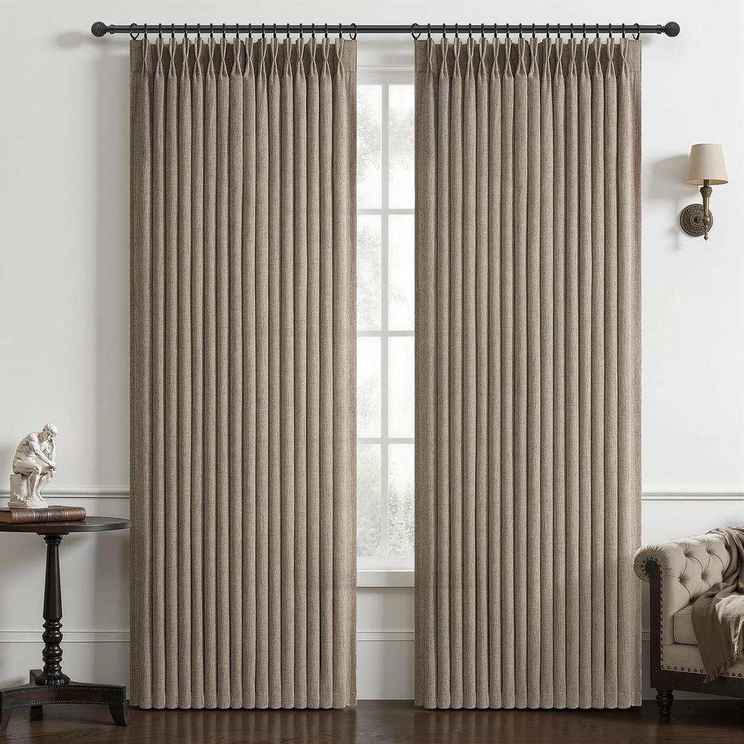 Extra Long 132 Inch Semi Sheer Dark Flax Curtains for Living Room, Memory Trained Pinch Pleated Natural Linen Light Filtering Floor Length 11 FT Large Curtain Brown Rustic Window Drapes 2 Panels Set