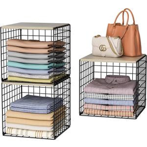 3PCS Stackable Closet Organizers and Storage, Shelves with Wood Top Extra Storage, Clothes Organizer Basket, Bin, or Tube for Wardrobe and Home Organization (Black-Sturdy Metal) Patent Pending
