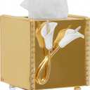 Restaurant Tissue Box Cover Holder, Metal Square Tissue Holder Decorated with Flowers, Party Decoration Napkin Tissue Holder, Suitable for Hotel and Wedding Tissue Distribution Services (Gold)