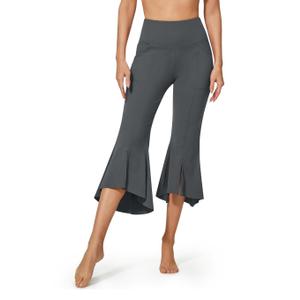 Capri Pants for Women Stretch Yoga Dress Pants with Pockets Ruffle Bell Bottom Athletic Work Leggings L