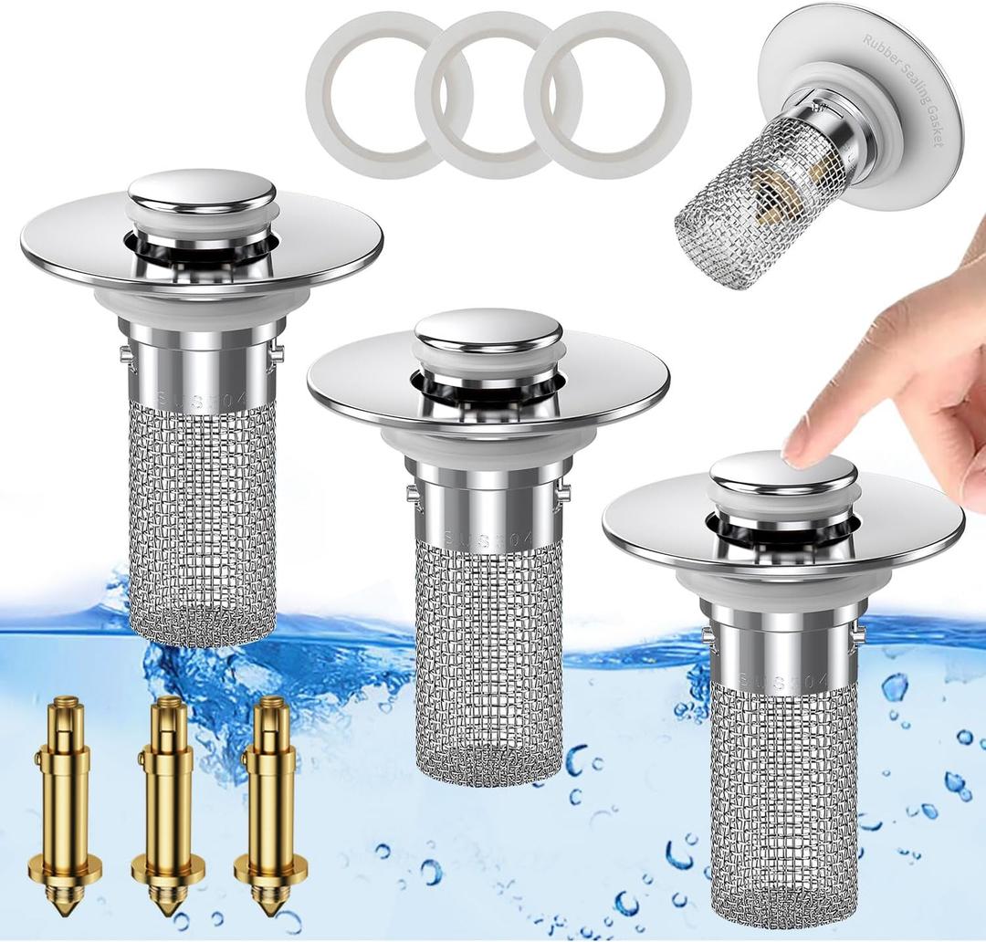 Sink Stopper Hair Catcher, Pop-up Sink Drain Strainer with Removable Stainless Steel Strainer Basket Hair Catcher, Bathroom Sink Strainer for Bathroom Sink Stopper Replacement, (3PCS)