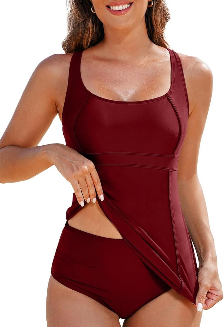 Aleumdr Women's Two Piece Tankini Swimsuits Modest Square Neck Bathing Suits Swim Tank Top with High Waisted Bottom (XX-Large, Burgundy)