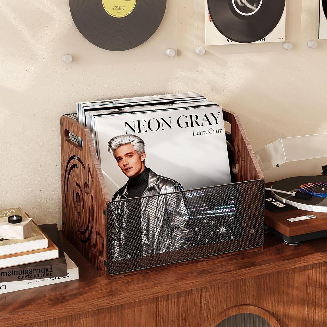 Vinyl Record Storage, Rustic Hollow-Design Wooden Record Holder, Holds Up to 70+ Records, Album Record Crate, Magazine Holder for Home Decor and Collection Display