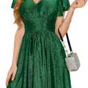 oten Womens 2025 V Neck Ruffle Sleeve Sparkly Glitter Empire Waist Flared A Line Swing Cocktail Party Dress (Green, L)