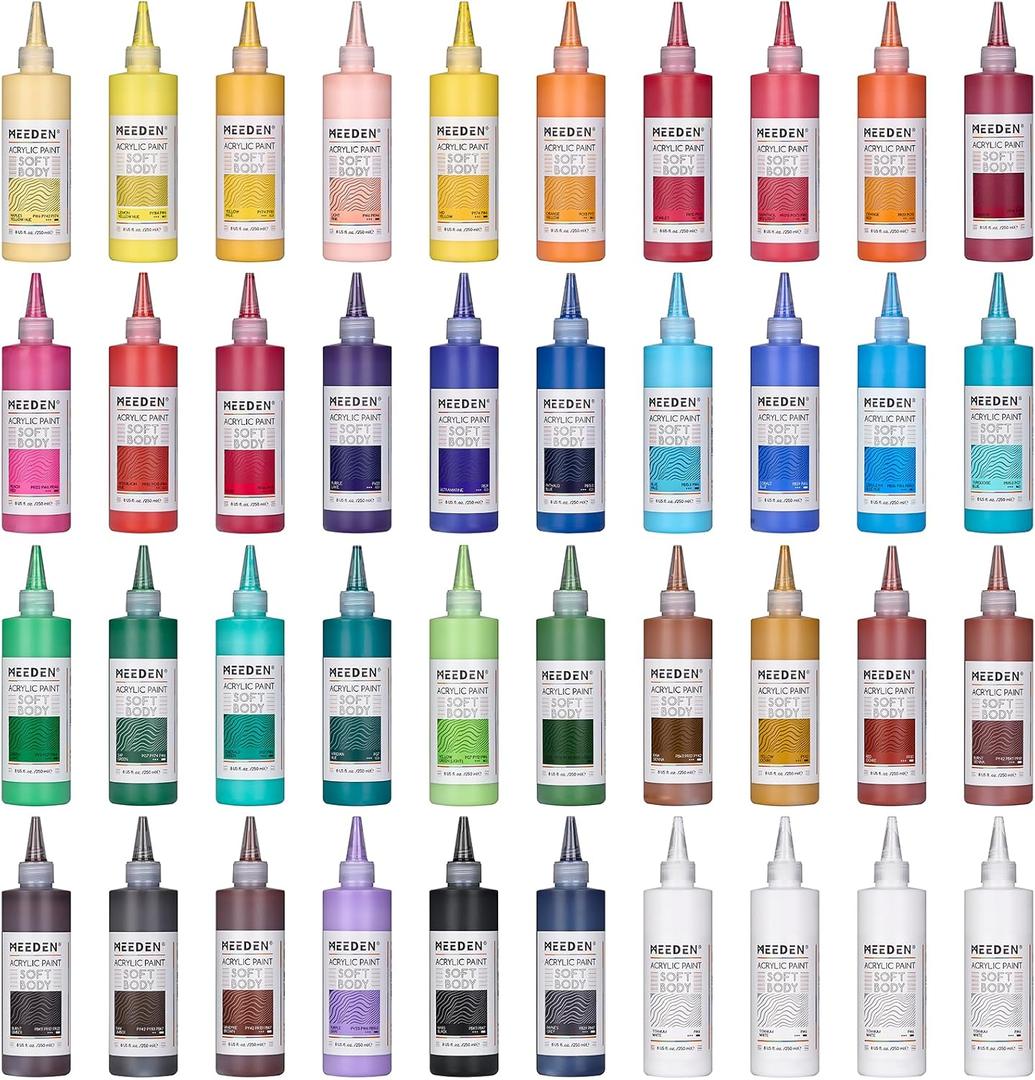 MEEDEN Soft Body Acrylic Paints Set: Matte Finish 40 Colors x 250ml/8.45oz Fluid Acrylic Paints for Art Painting on Canvas Wood & Glass for Students Adults Artists, 340 Fl Oz