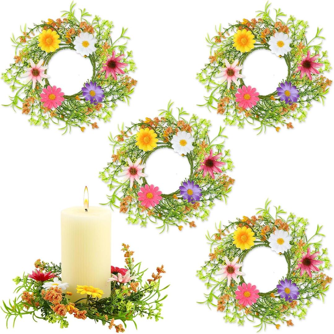 4 Pcs Spring Flower Candle Rings Artificial Floral Wreaths for Summer Floral Pillar Candle Holder for Mother's Day Table Centerpieces Church Wedding Party Home Decor