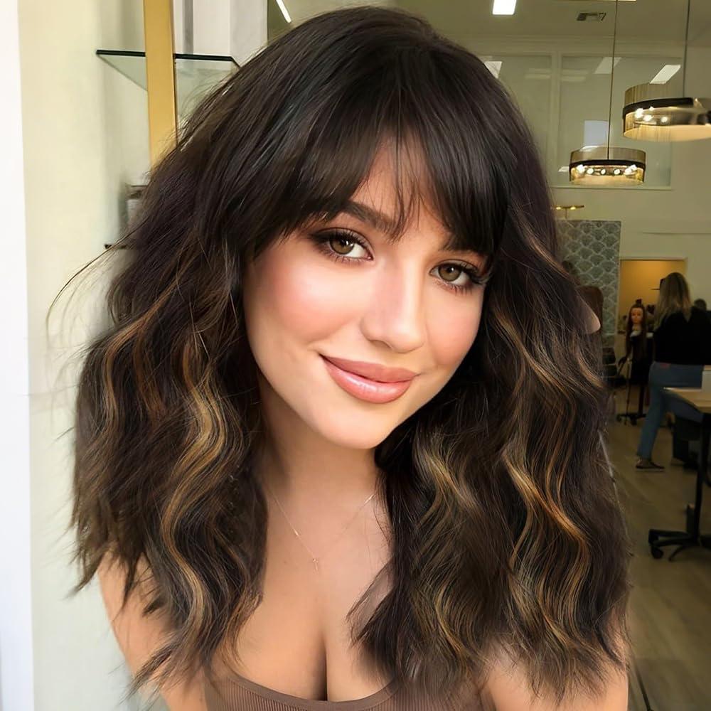 Ucubb Short Bob Wavy Wig with Bangs for Women Loose Curly Wig Look natural Shoulder Length Bob Wigs (H4-30)