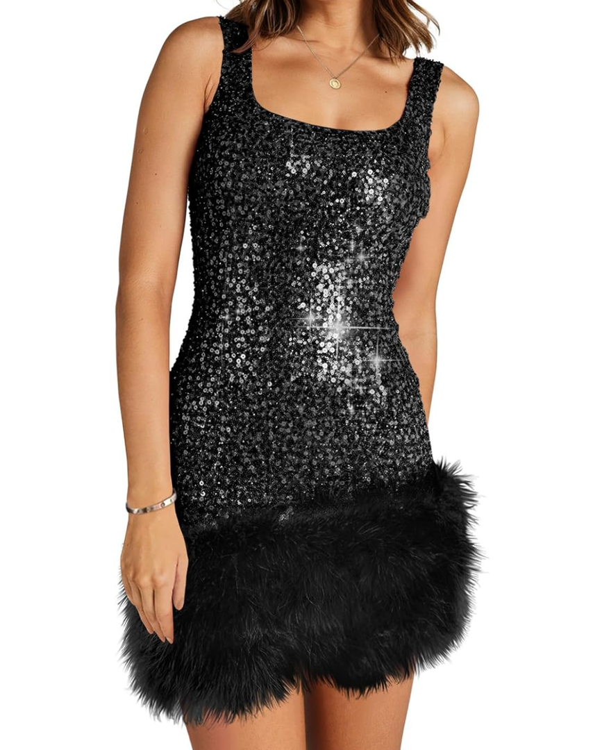 Wenrine Womens Sparkly Sequin Dress Bodycon Square Neck Fur Club Party Mini Dresses, M