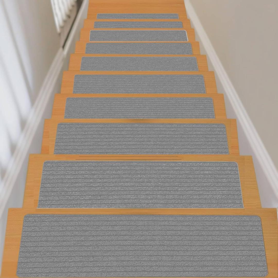 Stair Treads Non-Slip 8X30 Inch (15 Pack) Indoor Stair Runner with Reusable Self-Adhesive Backing Skid Resistant Stair Carpet to Protect Kids, Elders, and Pets - Light Gray
