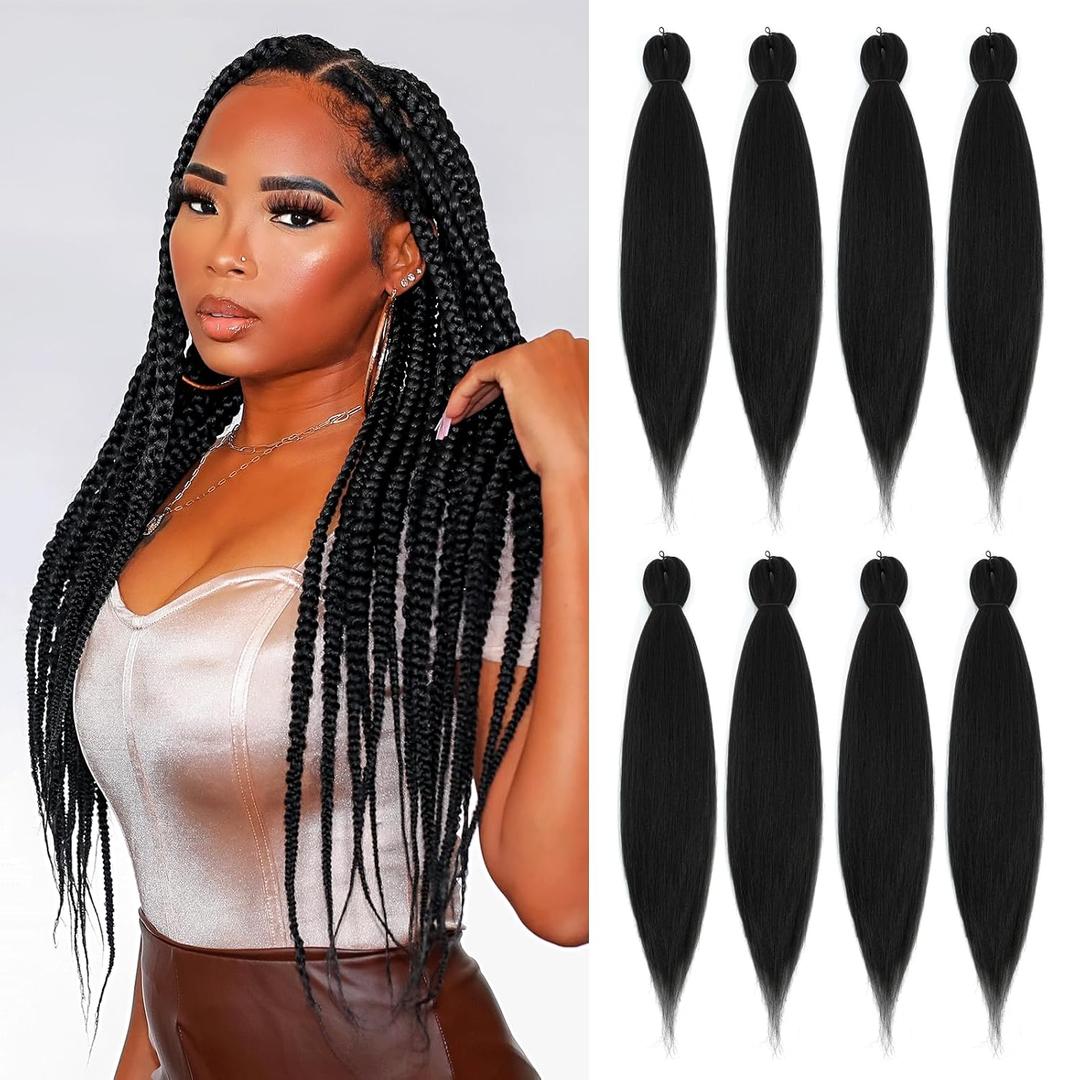 Pre-stretched Braiding Hair - 16 Inch 8 Packs Natural Black Short Braiding Hair For Twist or Box Braids, Yaki Texture Hot Water Setting Synthetic Braiding Hair Extensions (16 Inch, 1B-8P)