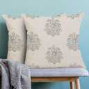 Blue Brown Floral Pillow Covers 18x18 Inch Set of 2, Blockprint Flower Outdoor Decorative Grandmillennial Throw Pillows Neutral Floral Couch Cushion Case for Chair Sofa Bedroom Living Room