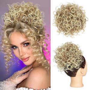 Lommel Messy Hair Bun Hair Piece,Drawstring Loose Curly Hair Buns Scrunchies Natural Soft Ponytail Thick Updo Fake Hairpiece Bun for Women Daily Use (Honey Blonde Ombre Platinum Highlights)