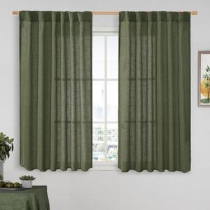 LAMIT Olive Green Light Filtering Linen Curtains 54 inches Long for Bedroom, Linen Textured Semi Sheer Back Tab and Rod Pocket Christmas Drapes for Living Room, 2 Panels, 52 x 54 Inch