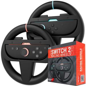 Orzly Steering Wheels  Compatible with Switch 2 (2025 Console)  Twin Pack Racing Wheel Accessories for Joy-Con Controllers and MarioKart Racing Games (2 Black Wheels) Gift Boxed