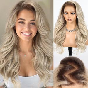 HAIRCUBE 13x6 HD Synthetic Lace Front Wig, 24 Inch Ash Blonde Long Curly Layered Wigs, Natural Density Hairline Glueless Wigs for Women Daily Use, 13x6 Lace, Ash Blonde-13X6 Lace